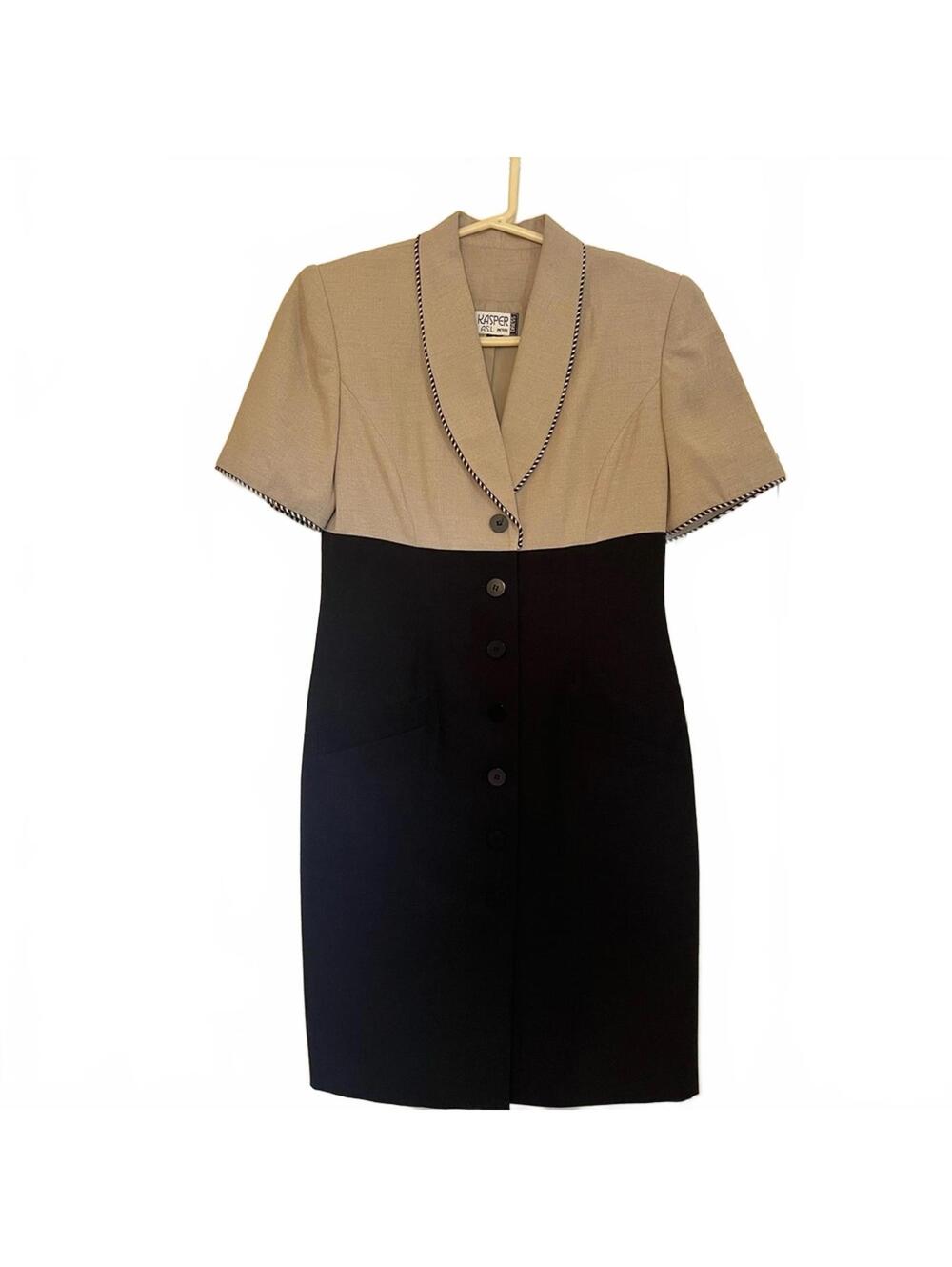 Kasper Two-Tone Black Tan Sheath Dress Classic Career Office Knee Length
